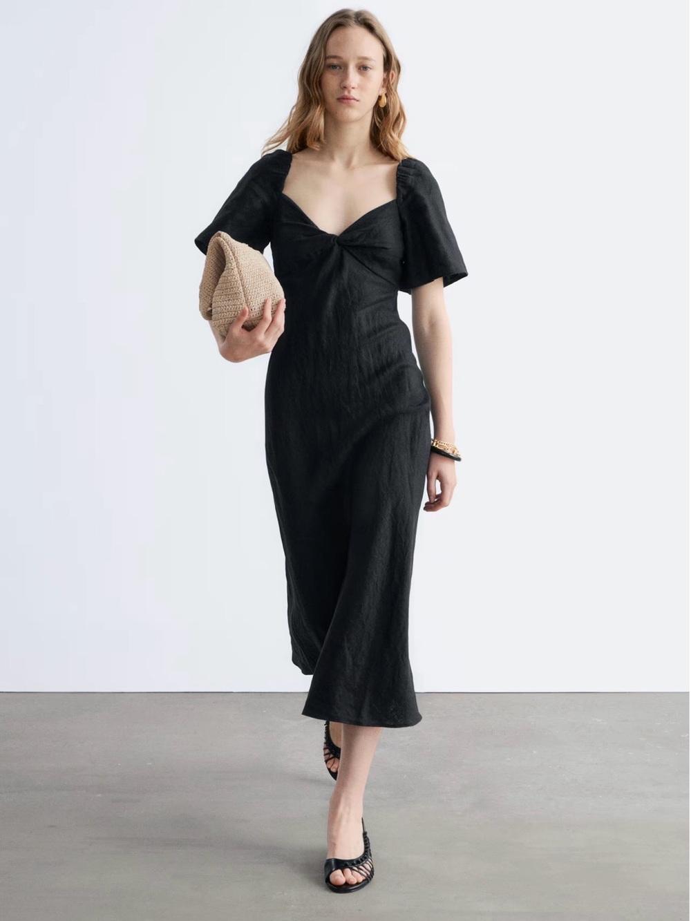& Other Stories Black Twist-Front 100% Linen Midi Dress NWT 14